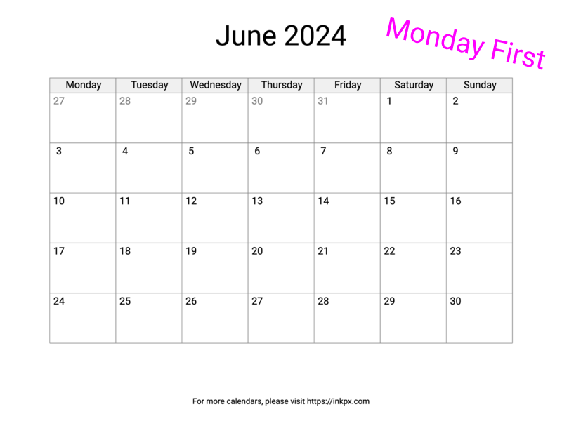 Printable Blank June 2024 Calendar (Monday First)