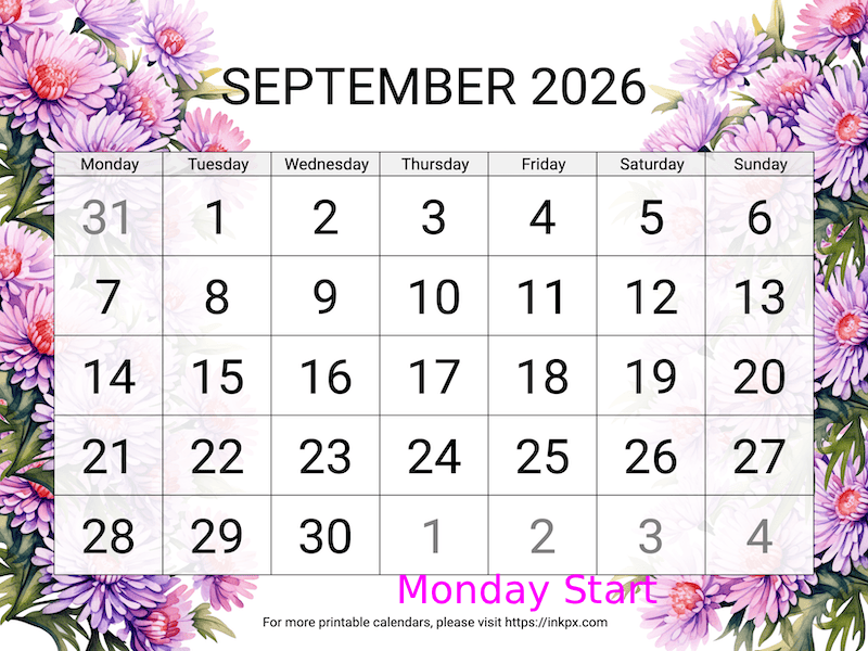 Free Printable Large Aster September 2026 Calendar (Monday Start)