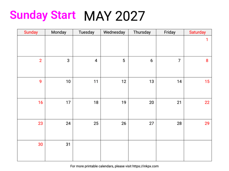Free Printable Weekend Highlighted May 2027 Calendar (Sunday Start)