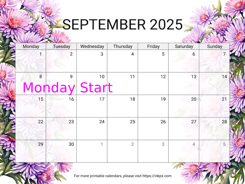 Free Printable Aster September 2025 Calendar (Monday Start)