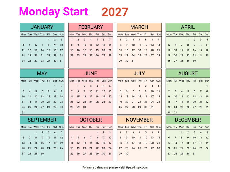 Free Printable Colorful Table 2027 Yearly Calendar (Landscape, Monday Start)
