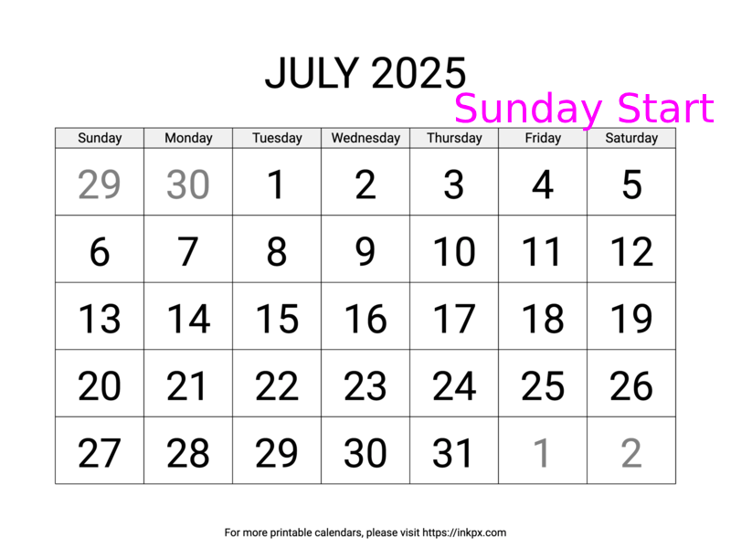 Free Printable Large July 2025 Calendar (Sunday Start)