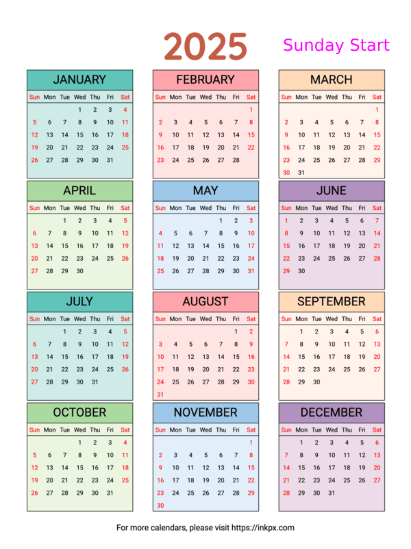 Free Printable Weekend Highlight Colorful Table 2025 Calendar (Sunday First)