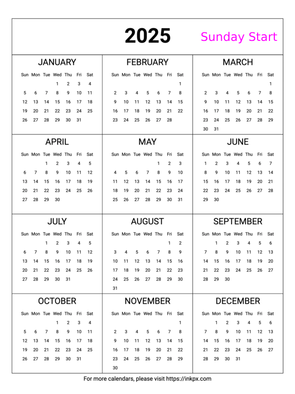 Free Printable Minimalist Table 2025 Calendar (Sunday Start)