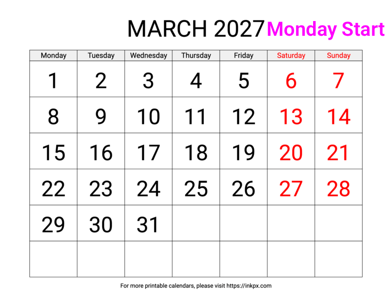 Free Printable Large Weekend Highlighted March 2027 Calendar (Monday Start)