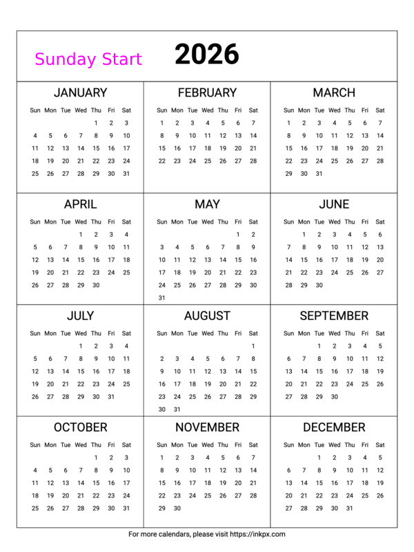 Free Printable Minimalist Table 2026 Calendar (Sunday Start)