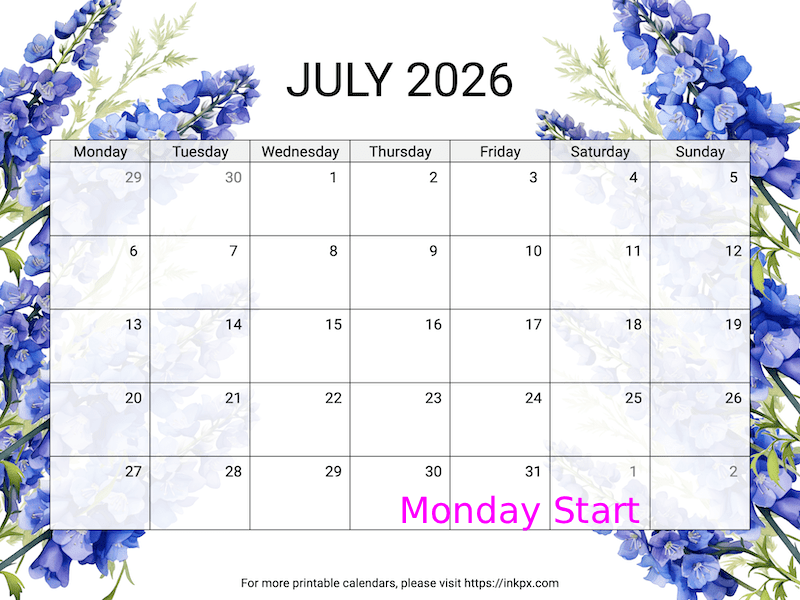 Free Printable Delphinium July 2026 Calendar (Monday Start)