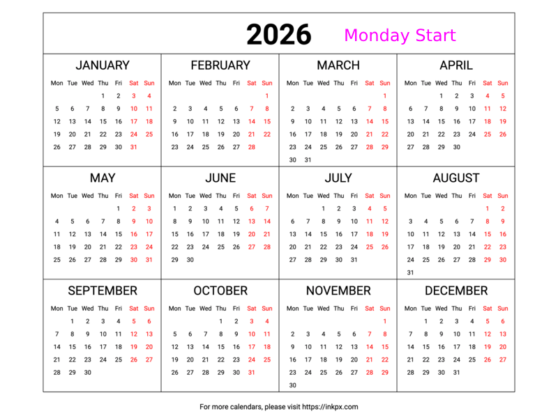Free Printable Weekend Highlight Table 2026 Calendar (Landscape, Monday First)