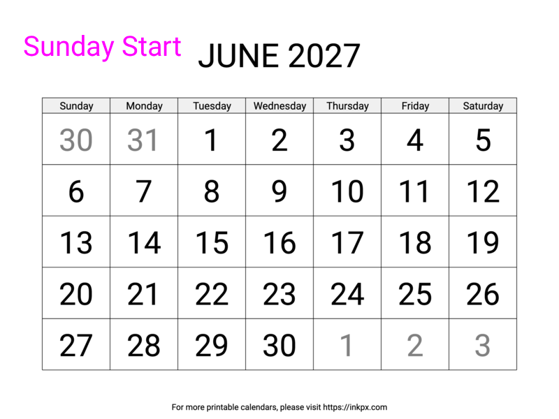 Free Printable Large June 2027 Calendar (Sunday Start)