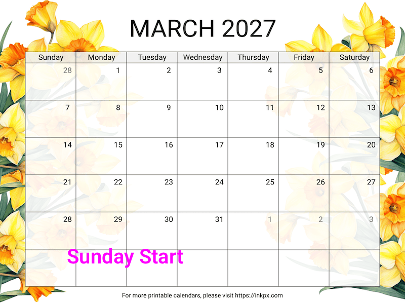 Free Printable Daffodil March 2027 Calendar (Sunday Start)