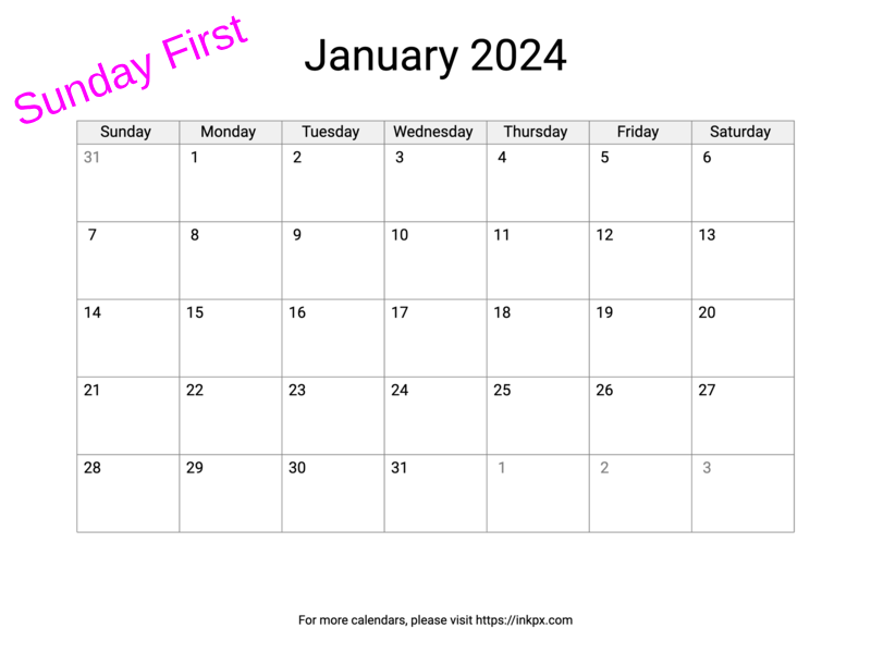 Printable Blank January 2024 Calendar (Sunday First)