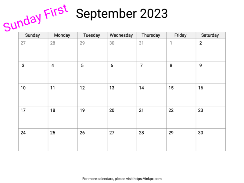 Printable Blank September 2023 Calendar (Sunday First)