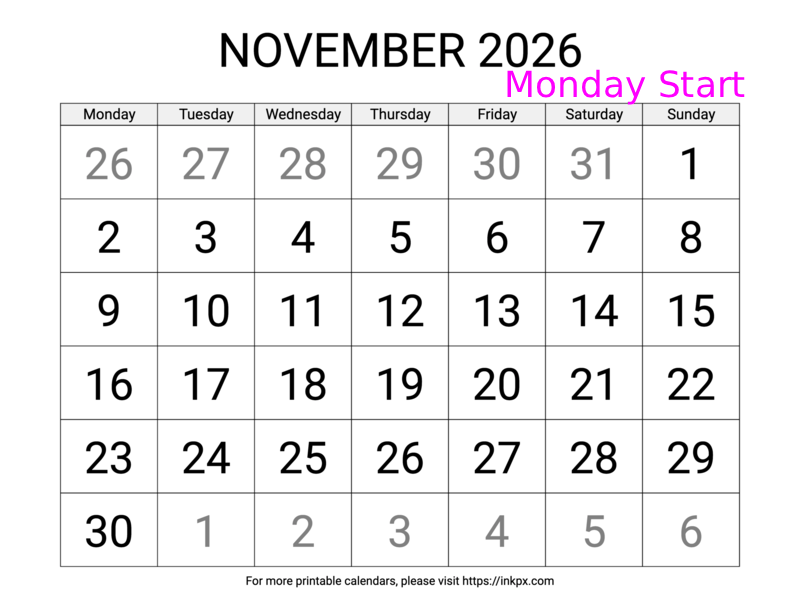 Free Printable Large November 2026 Calendar (Monday Start)