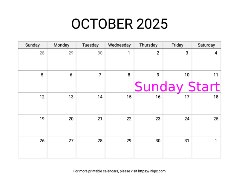 Free Printable Simple October 2025 Calendar (Sunday Start)