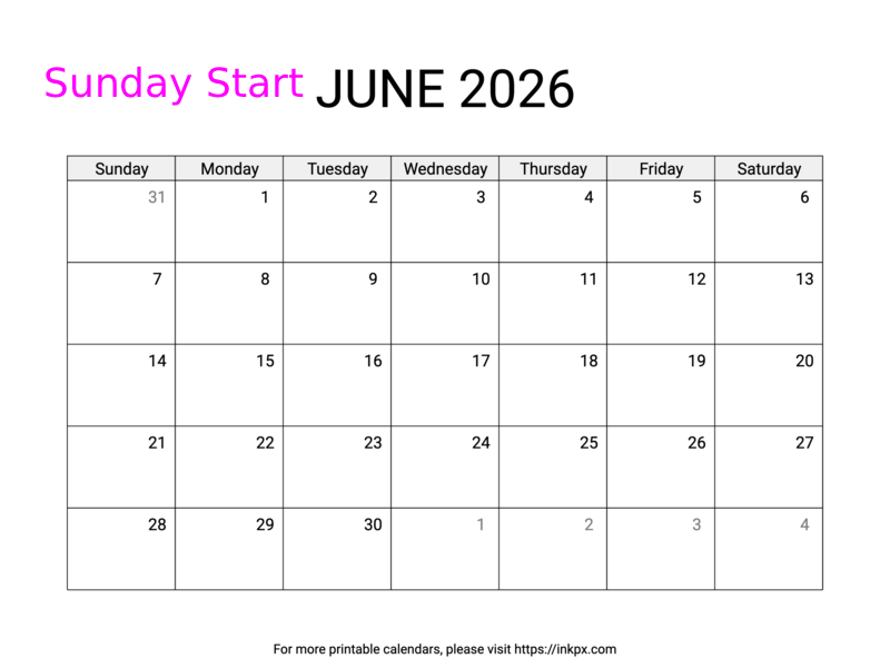 Free Printable Simple June 2026 Calendar (Sunday Start)