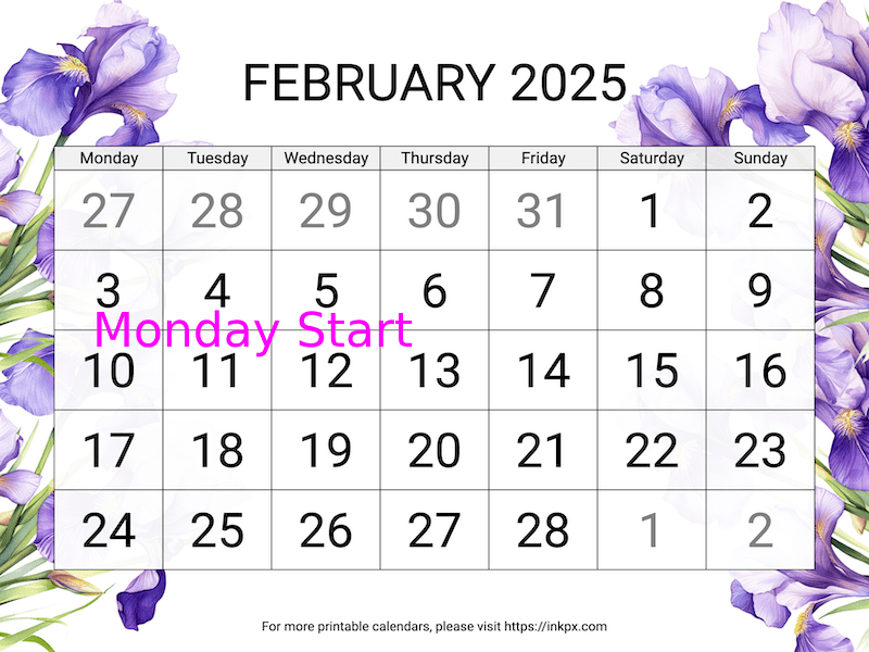 Free Printable Irises Large February 2025 Calendar (Monday Start)