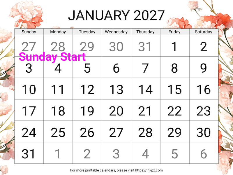 Free Printable Carnation Large Font January 2027 Calendar (Sunday Start)