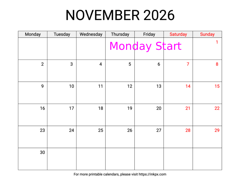 Free Printable Weekend Highlighted November 2026 Calendar (Monday Start)