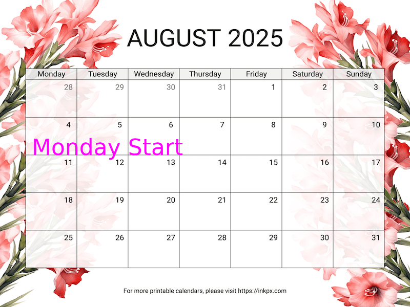 Free Printable Gladiolus August 2025 Calendar (Monday Start)