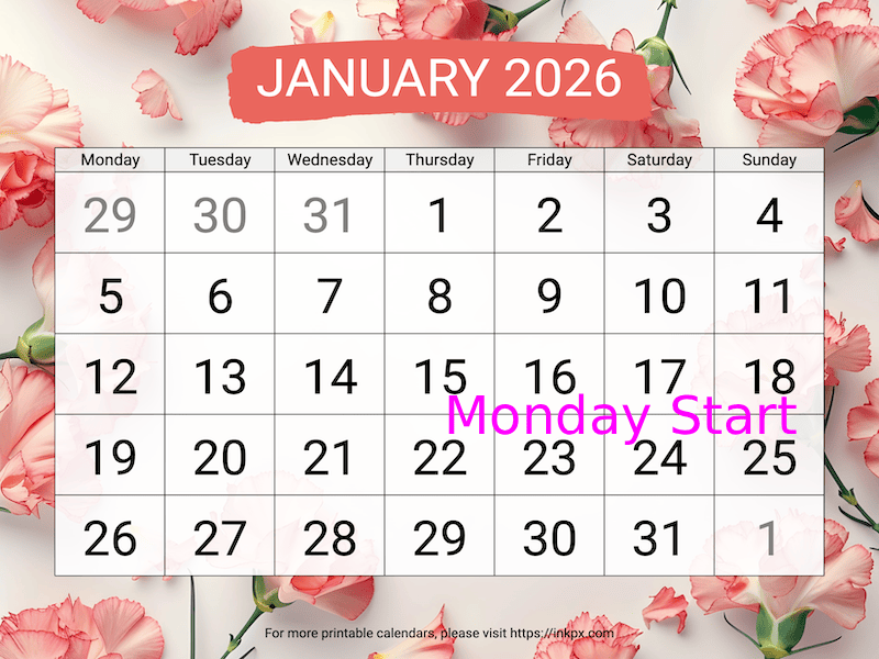 Free Printable Carnation Background Large January 2026 Calendar (Monday Start)