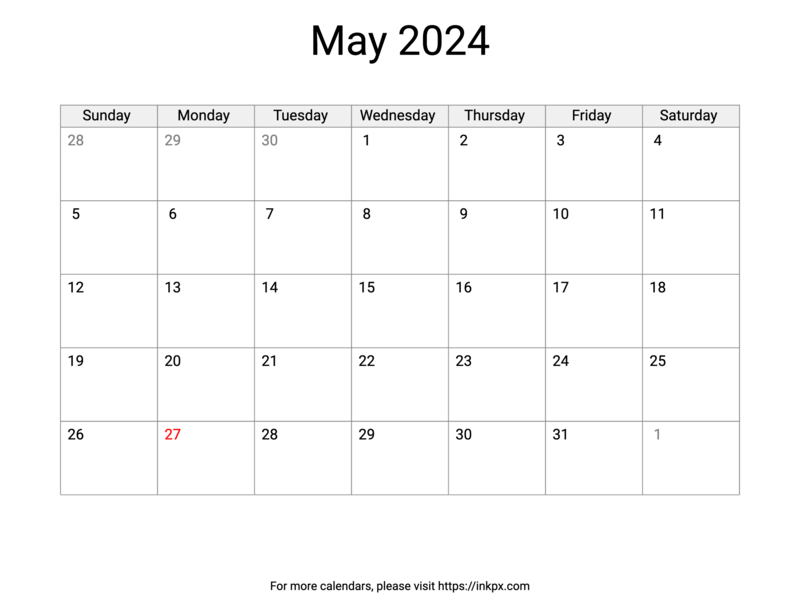 Printable May 2024 Calendar with US Holidays · InkPx