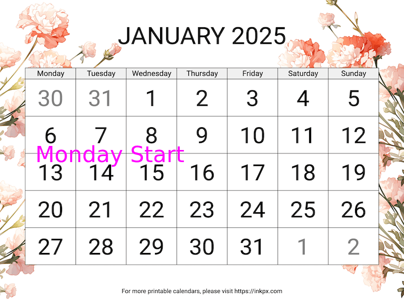 Free Printable Carnation Large Font January 2025 Calendar (Monday Start)