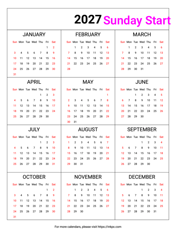 Free Printable Weekend Highlight Table 2027 Calendar (Sunday First)