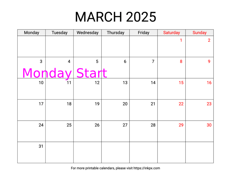 Free Printable Weekend Highlighted March 2025 Calendar (Monday Start)