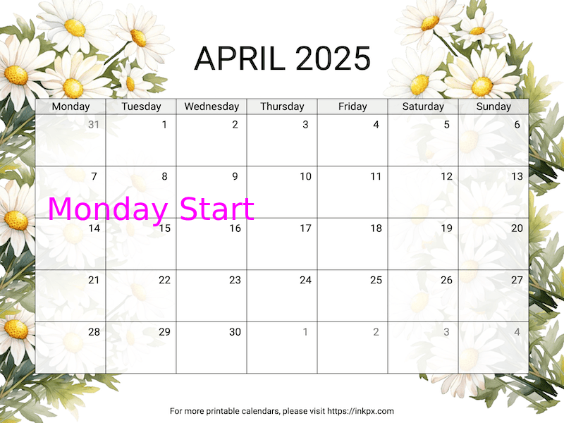 Free Printable Daisy April 2025 Calendar (Monday Start)