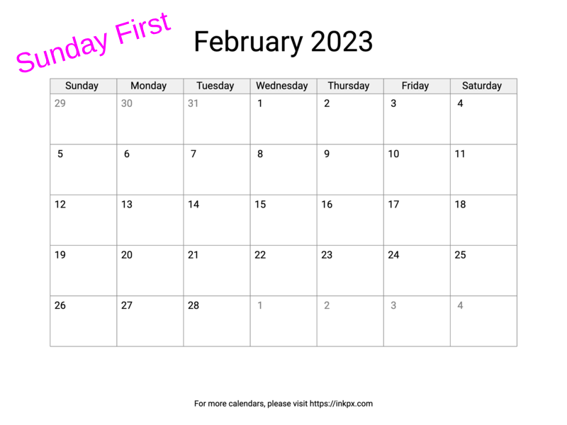 Blank Printable February 2023 Calendar (Sunday First)