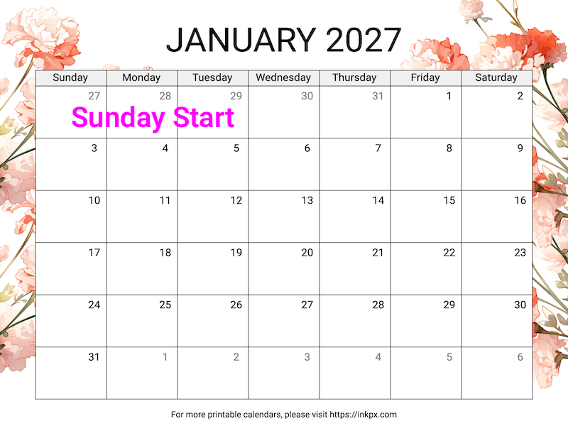 Free Printable Carnation January 2027 Calendar (Sunday Start)