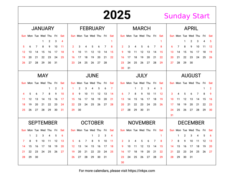 Free Printable Weekend Highlight Table 2025 Calendar (Landscape, Sunday First)