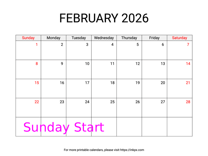 Free Printable Weekend Highlighted February 2026 Calendar (Sunday Start)
