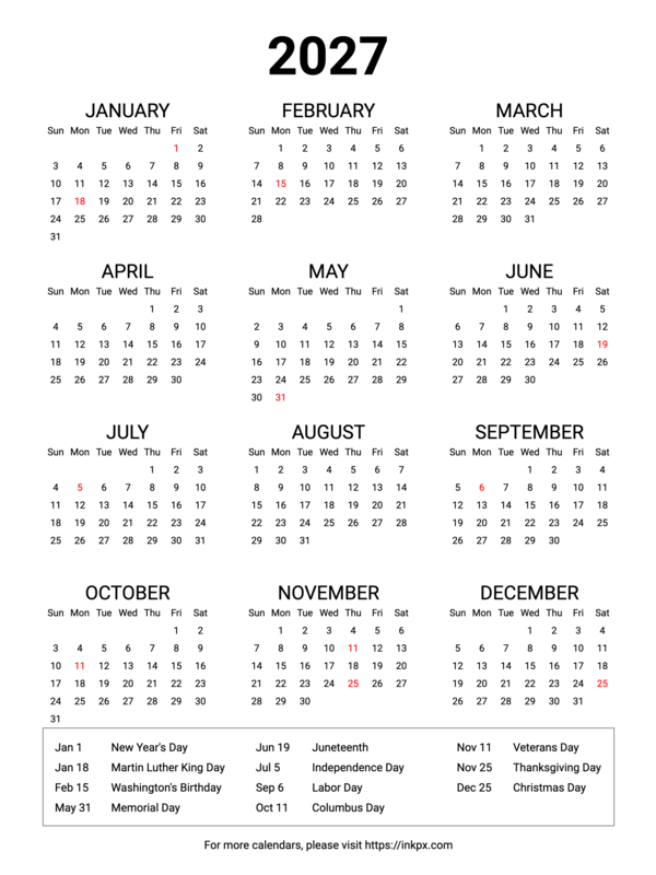 Free Printable Minimalist 2027 Yearly Calendar with Highlighted US Holiday