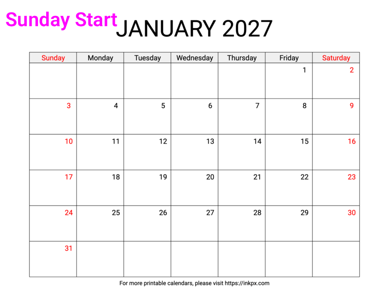 Free Printable Weekend Highlighted January 2027 Calendar (Sunday Start)