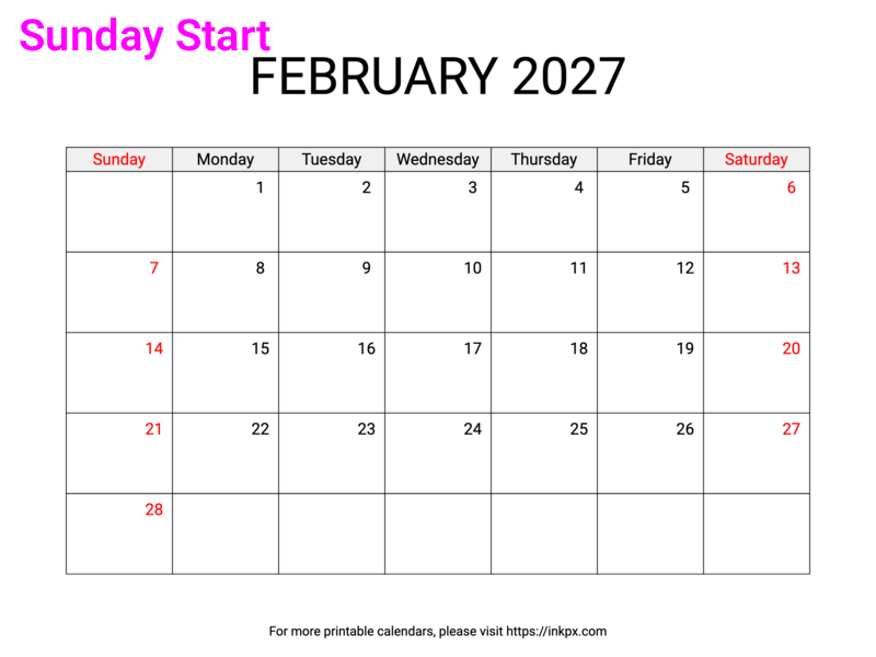 Free Printable Weekend Highlighted February 2027 Calendar (Sunday Start)