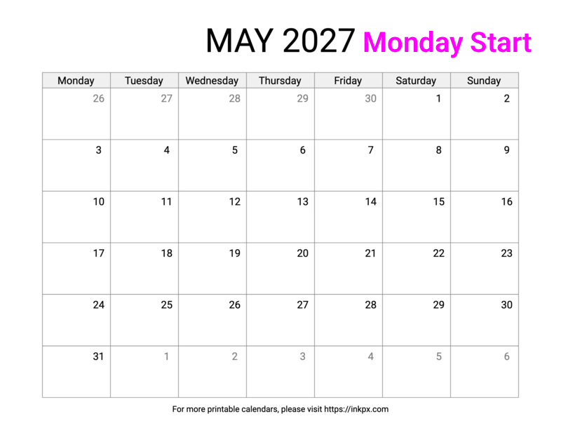 Free Printable Simple May 2027 Calendar (Monday Start)