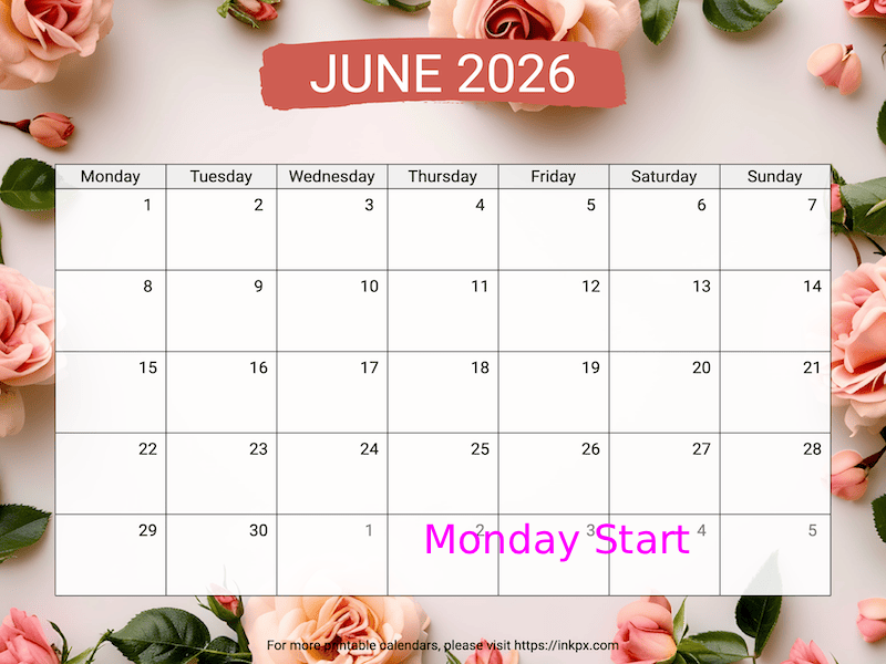 Free Printable Rose Background June 2026 Calendar (Monday Start)