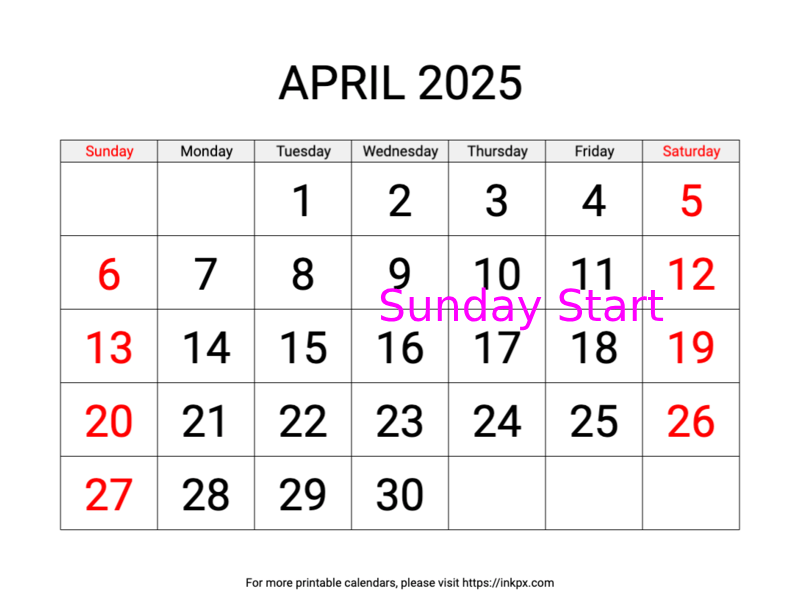 Free Printable Large Weekend Highlighted April 2025 Calendar (Sunday Start)