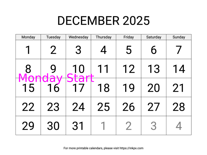 Free Printable Large December 2025 Calendar (Monday Start)