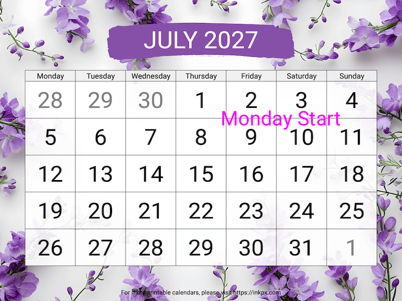 Free Printable Large Font Larkspur July 2027 Calendar (Monday Start)