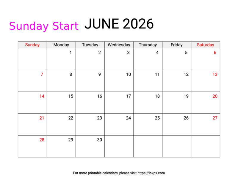 Free Printable Weekend Highlighted June 2026 Calendar (Sunday Start)