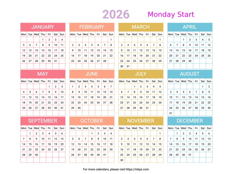 Free Printable Minimalist Colorful Table 2026 Calendar (Landscape, Monday Start)