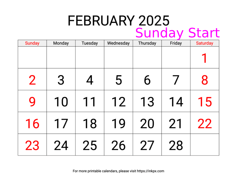 Free Printable Large Weekend Highlighted February 2025 Calendar (Sunday Start)