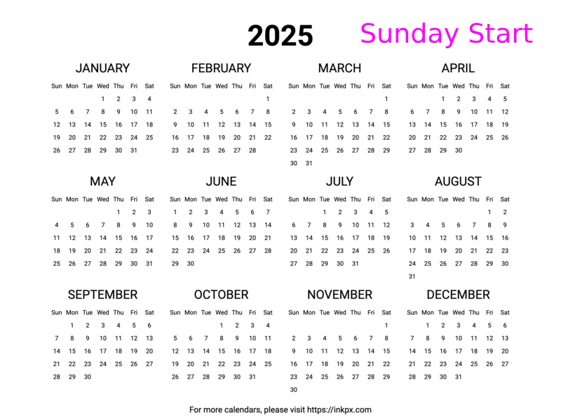 Free Printable Minimalist 2025 Yearly Calendar(Landscape, Sunday Start)