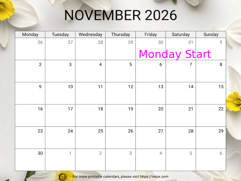 Free Printable Narcissus November 2026 Calendar (Monday Start)