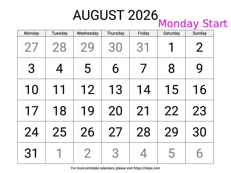 Free Printable Large August 2026 Calendar (Monday Start)