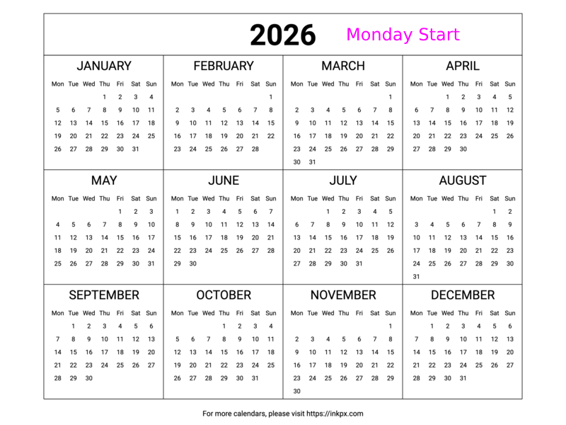 Free Printable Minimalist Table 2026 Yearly Calendar (Landscape, Monday Start)