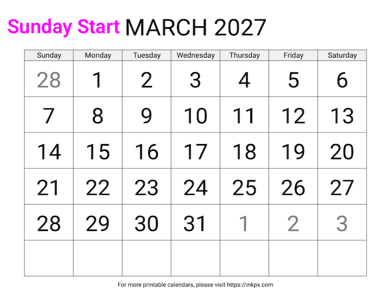 Free Printable Large March 2027 Calendar (Sunday Start)