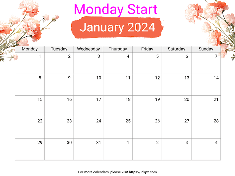 Free Printable Carnation January 2024 Calendar (Monday Start) · InkPx